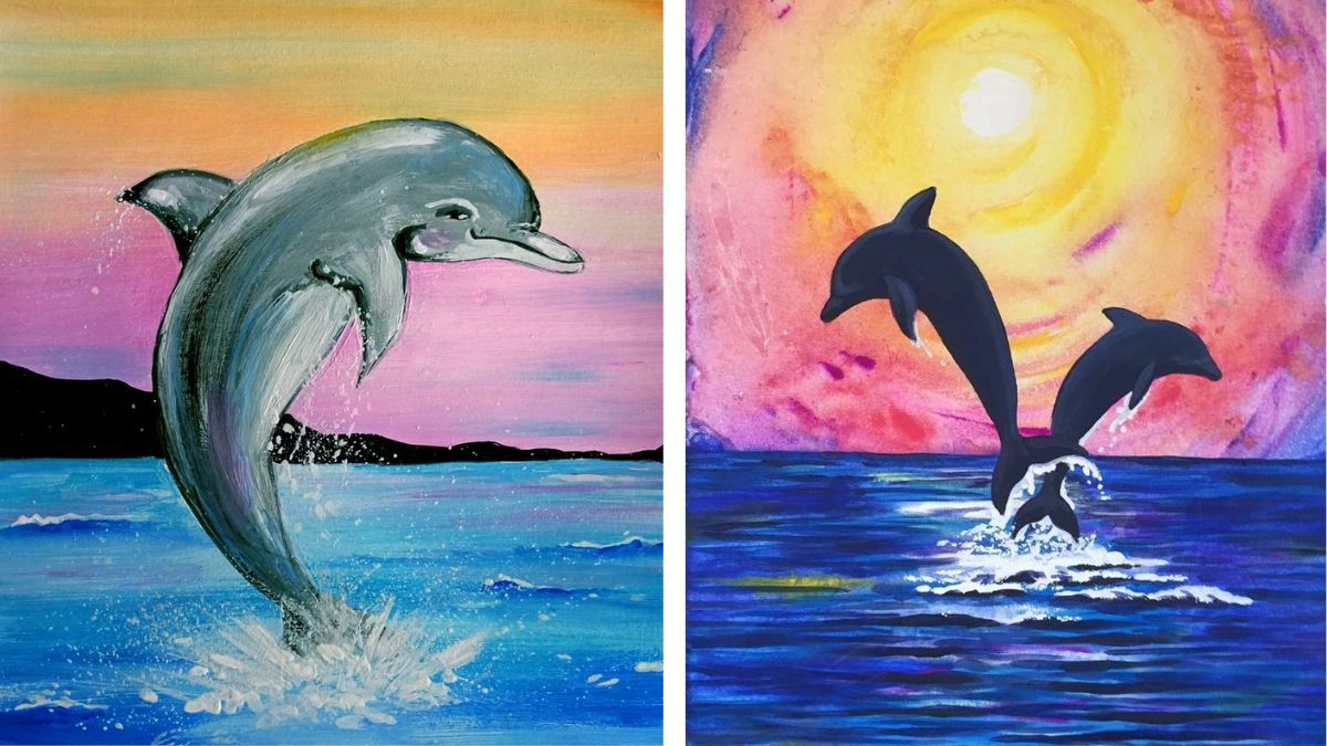 Một bức tranh vẽ cá heo đáng yêu đang bơi lội dưới biển xanh