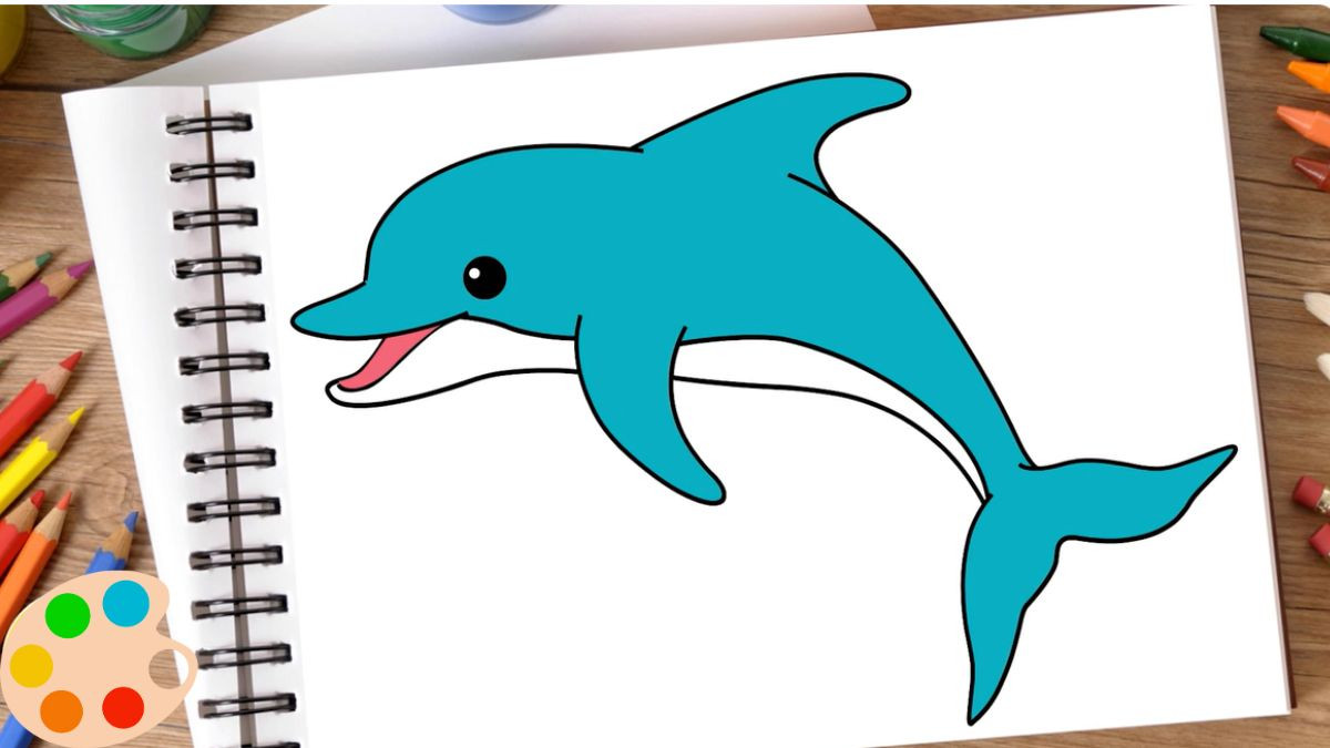 Tô màu cho hình vẽ cá heo cute với tông xanh biển tươi sáng