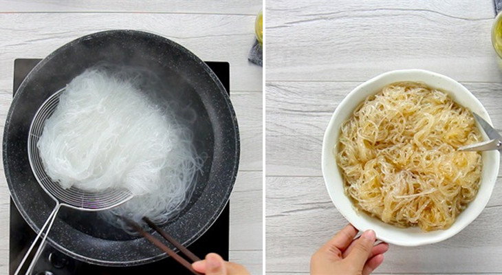 Trụng sợi miến dai ngon trước khi xào với thịt heo