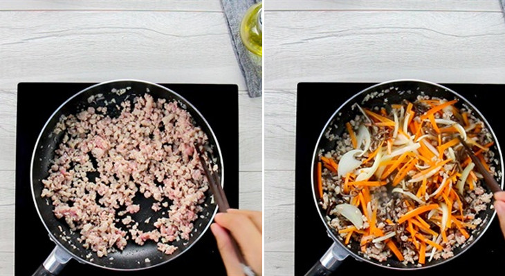 Xào thịt heo băm cùng rau củ trong chảo nóng